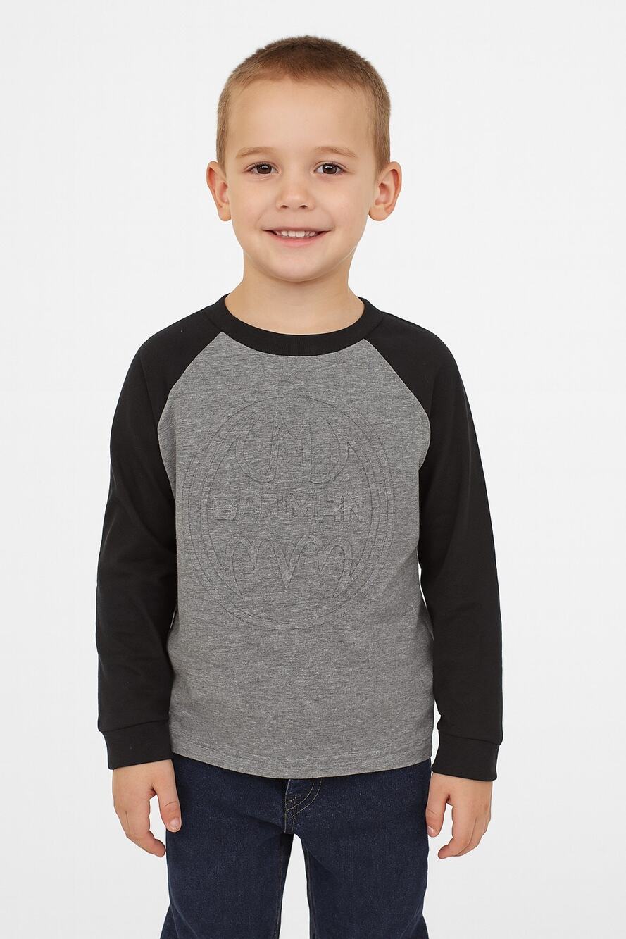 Batman Boys XS Gray Black Embossed Logo Long Sleeve Raglan Shirt
